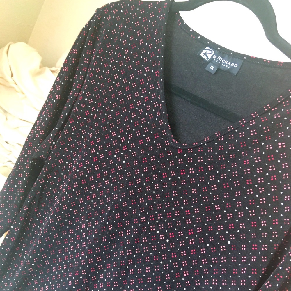 Women’s black dress shirt w/ peach and white dots